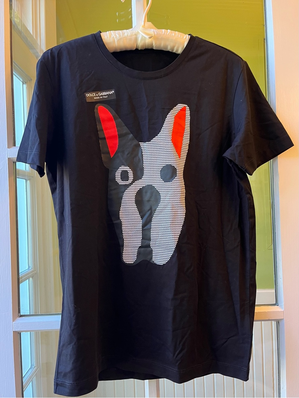 Dolce & Gabbana Black Short-Sleeve Dog Graphic Tee with Red Ears Detail